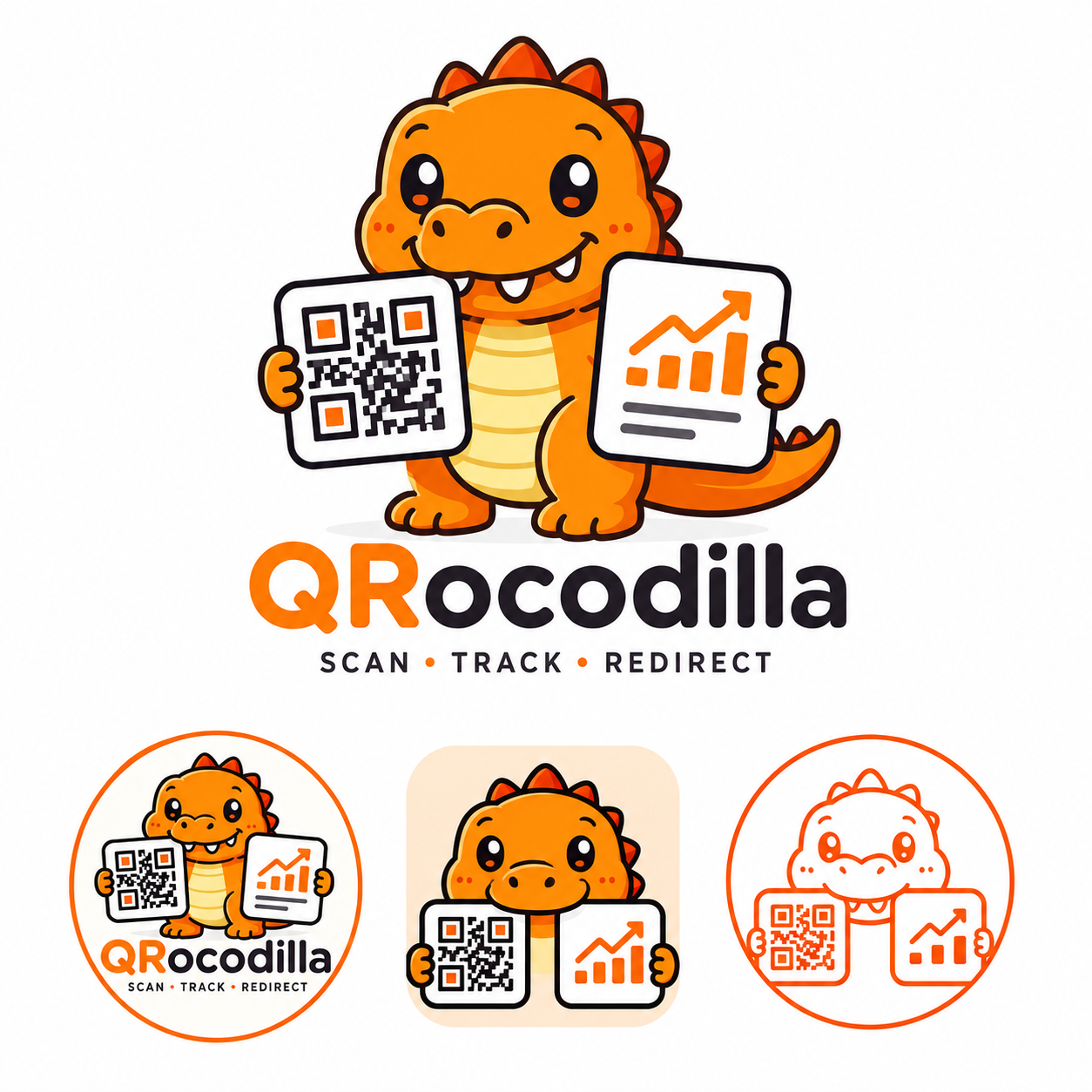 QRocodilla mascot: a cheerful orange crocodile holding a QR code and an analytics chart